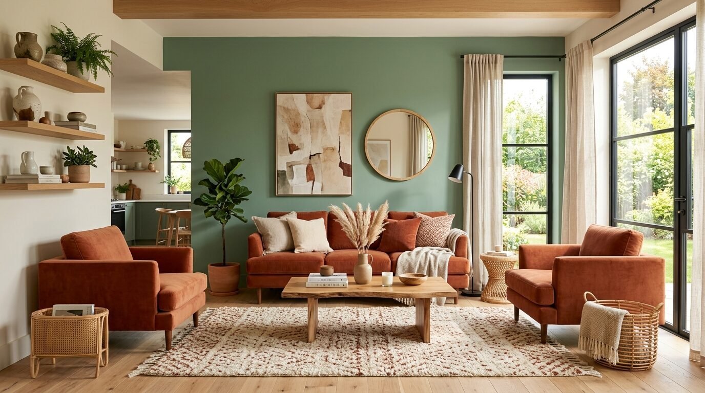 A stylish living room with burnt orange velvet sofas, natural wood coffee table, and a sage green feature wall.