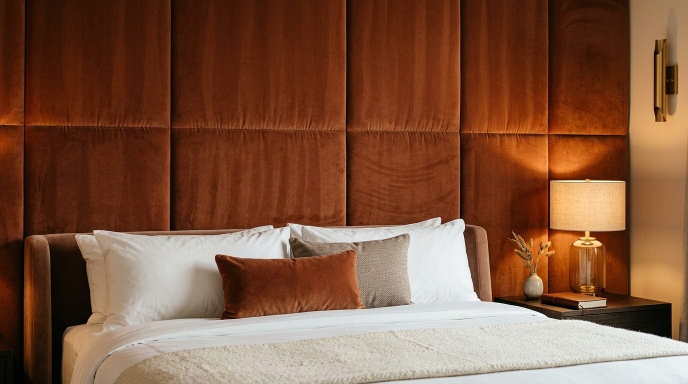 Plush upholstered wall panels behind a cozy bed with white linens and warm bedside lamp lighting.