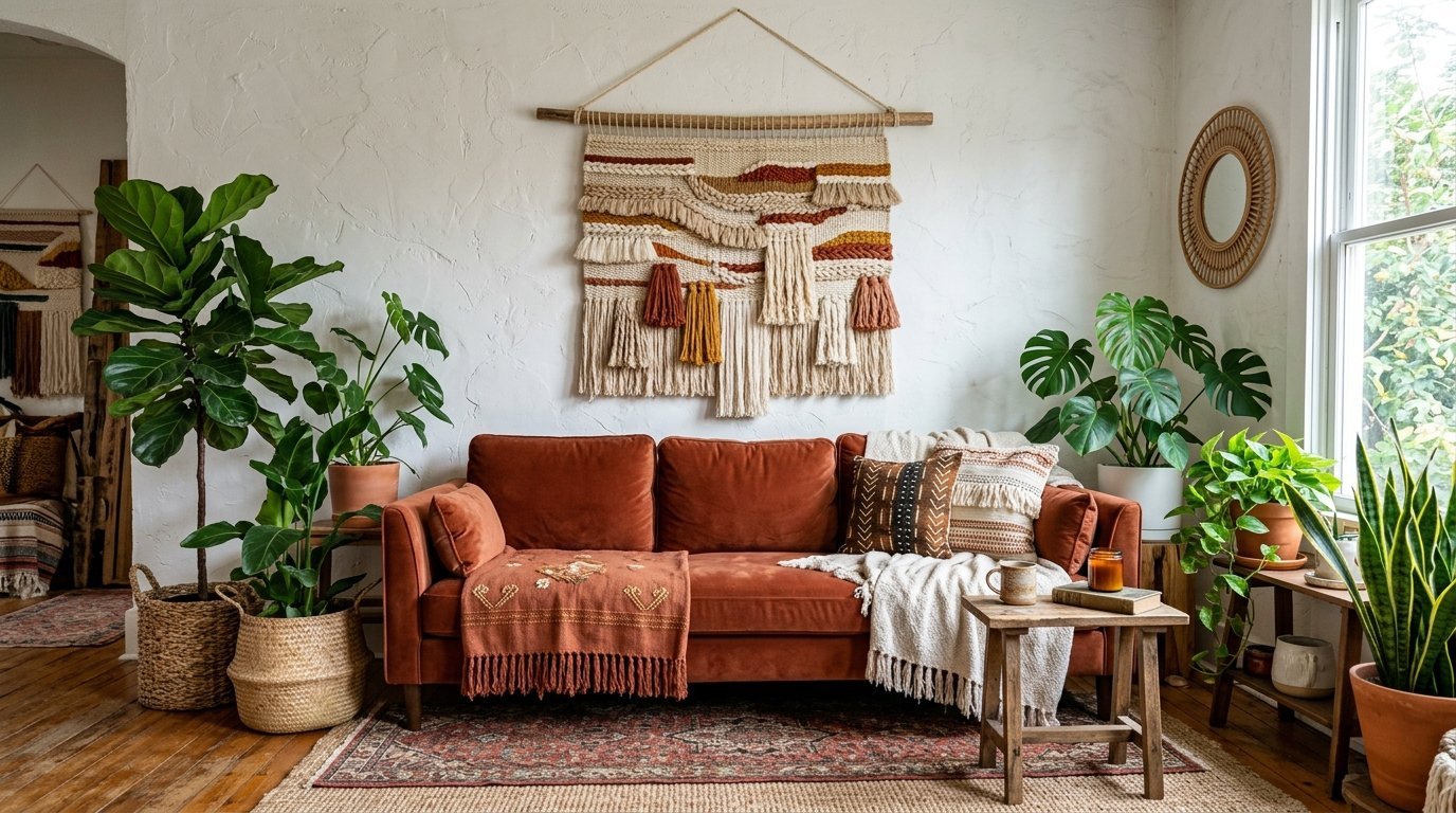 A rustic living room featuring a velvet sofa with woven pillows, a macrame wall hanging, and various indoor house plants.
