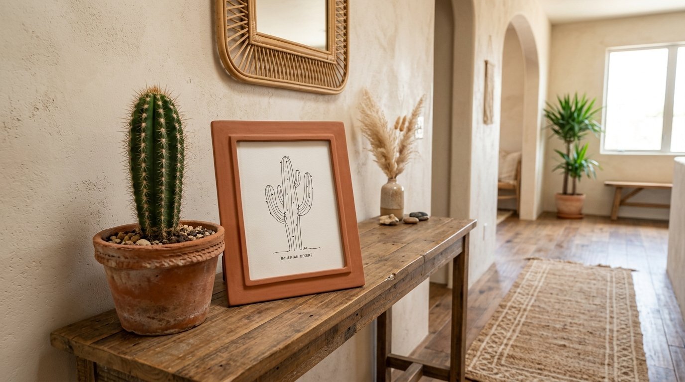 Potted cactus and a framed cactus sketch sitting on a wooden entry table in a bohemian style home.
