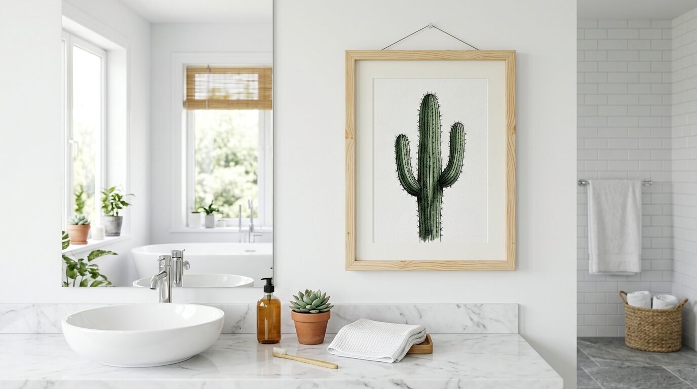 A framed watercolor cactus drawing mounted on a white wall next to a bathroom mirror and marble sink.