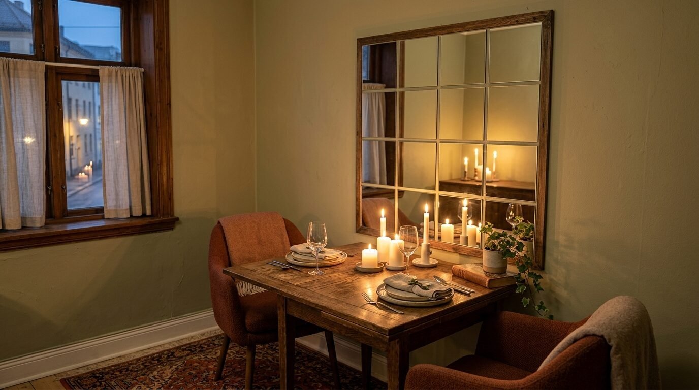 A rustic wooden dining table with burning candles and plates set for two, positioned in front of a grid-style wall mirror.