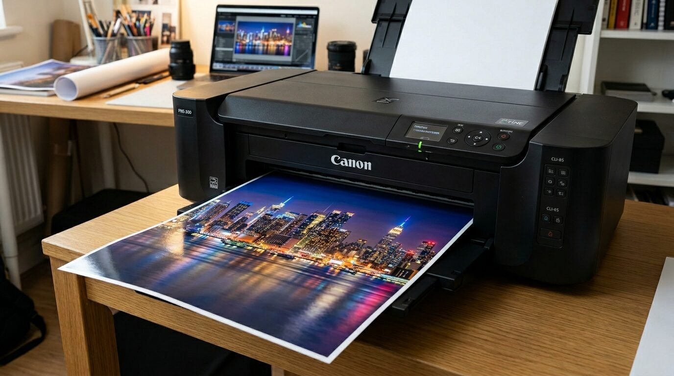 Close-up of a desktop Canon printer outputting a glossy photo of a illuminated city skyline at night.