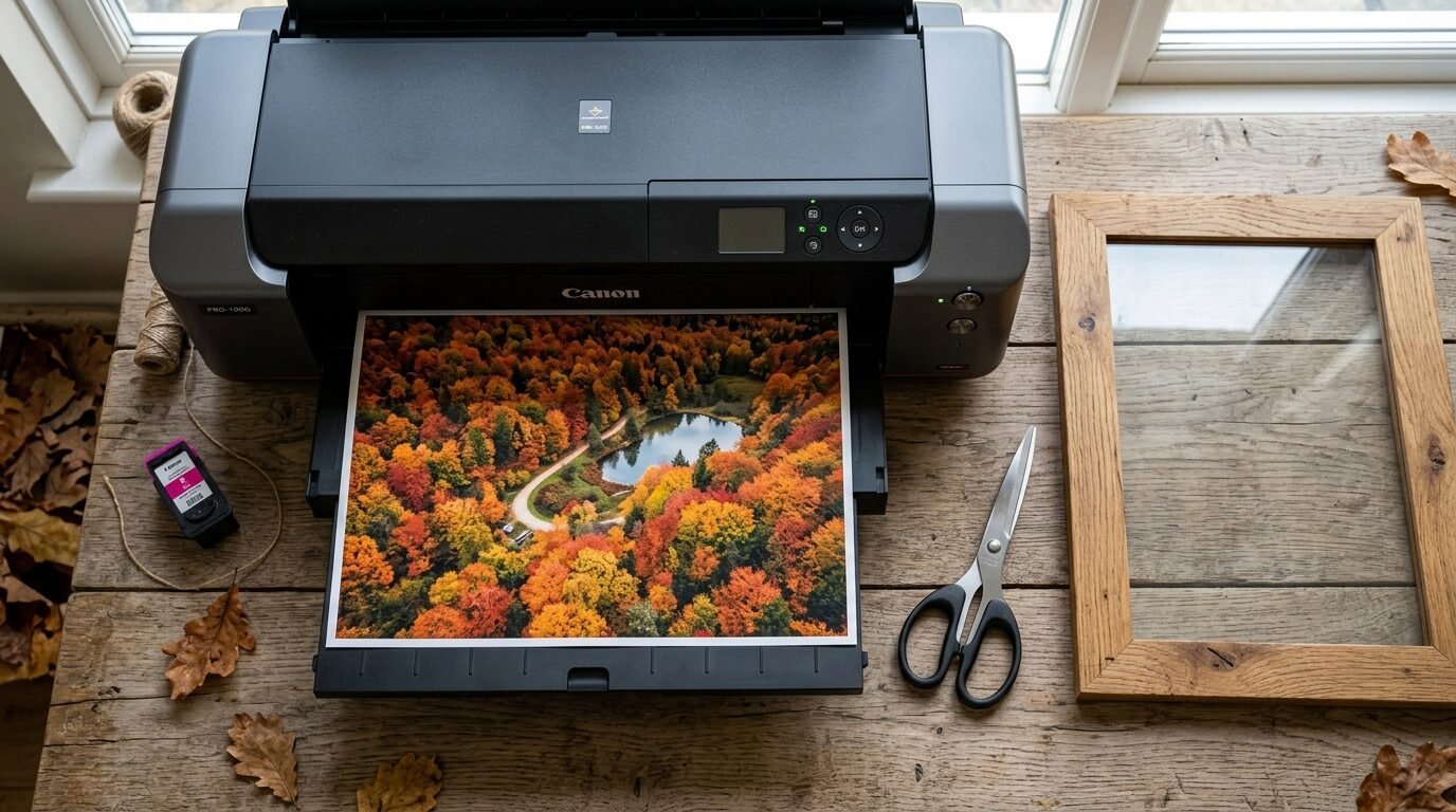 Top-down view of a printer tray outputting an aerial photo of an autumn pond surrounded by colorful trees.