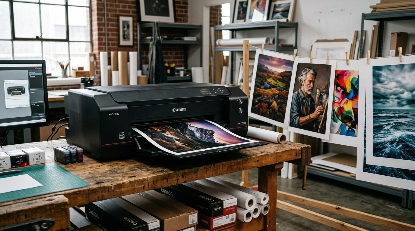 Canon imagePROGRAF printer on a wooden table with hanging art prints in a workshop.