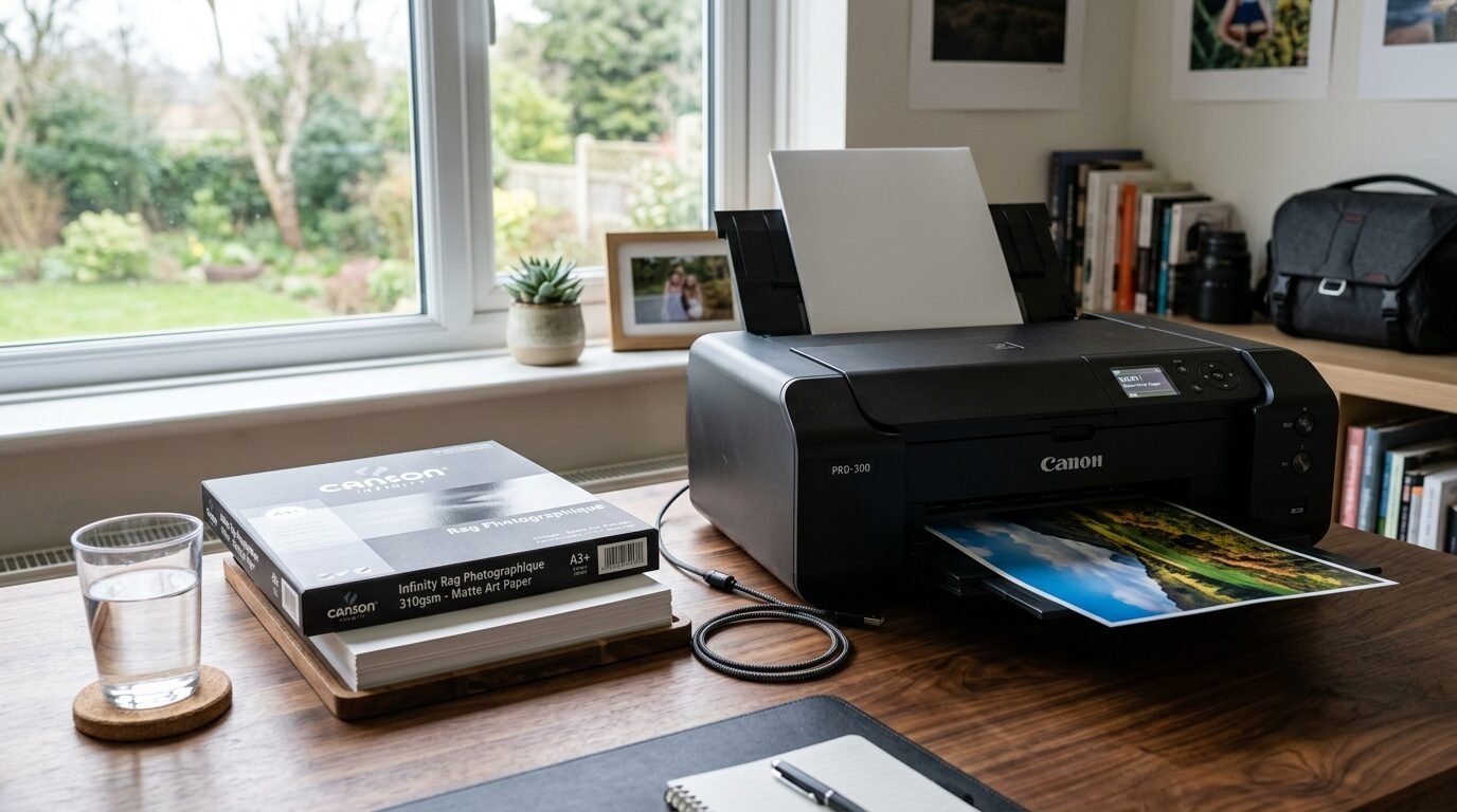 Canon Pro-300 printer printing a color photo, with a stack of Canson fine art paper next to it.
