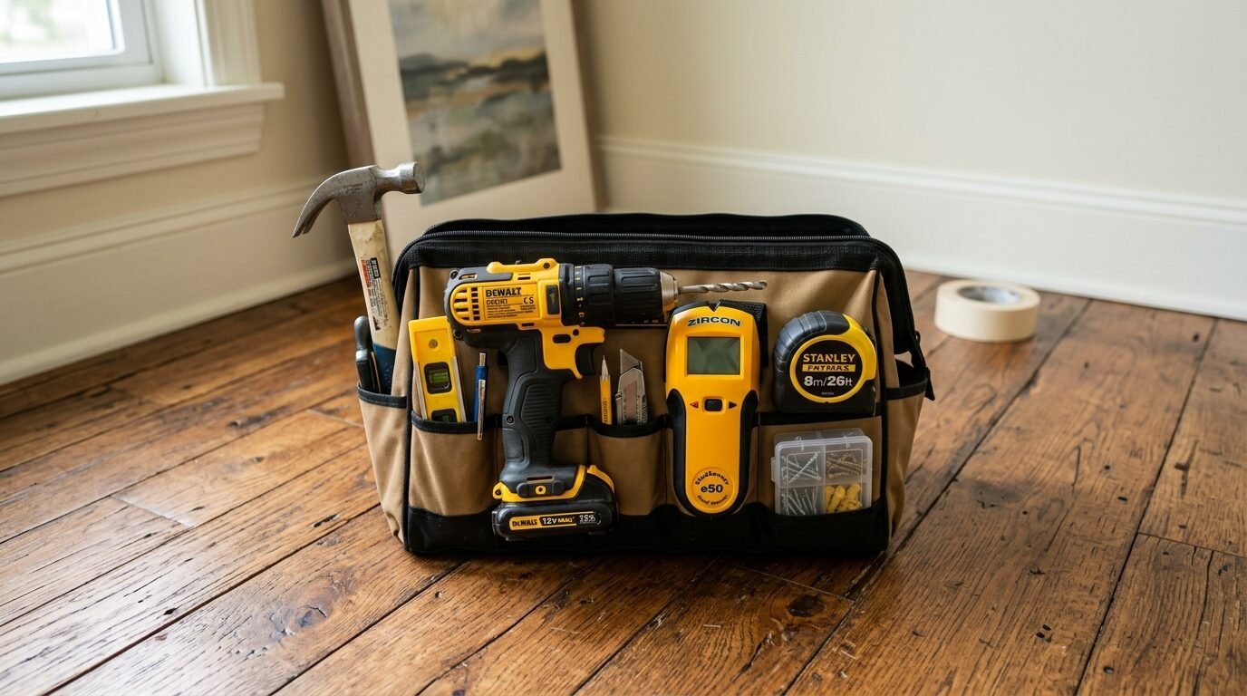 A beige and black tool bag sits on a hardwood floor containing a cordless drill, stud finder, hammer, and tape measure.