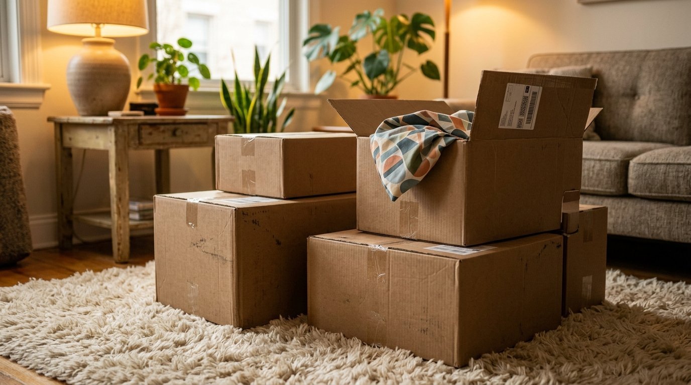 Several brown cardboard packages sitting on a shaggy area rug inside a home decorated with houseplants.
