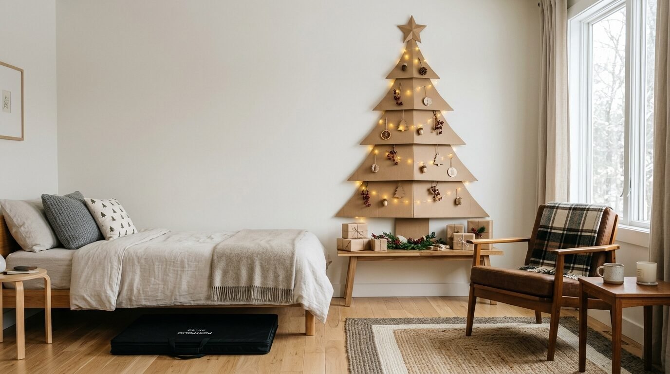 A decorative cardboard Christmas tree with string lights and ornaments hangs on a bedroom wall near a bed and chair.