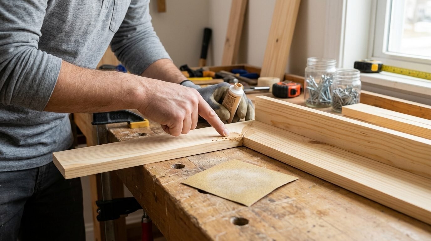Close-up of a person wearing gloves applying wood filler to a wooden board seam on a workbench.