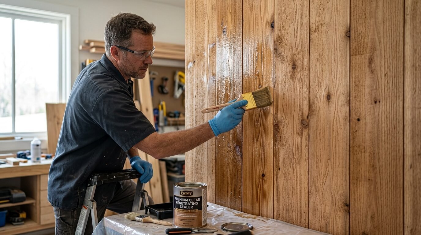 Man in safety glasses and blue gloves painting a wood wall with a clear protective sealant.