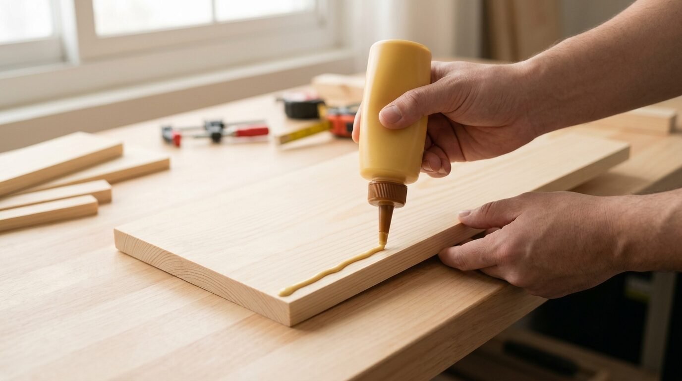 Close up of hands using a plastic bottle to squeeze yellow wood glue onto a pine plank in a workshop.
