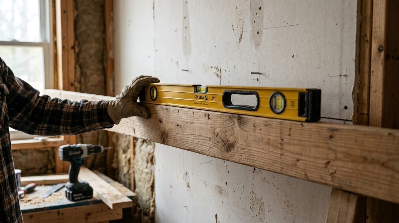 Hand in work glove holds a yellow Stabila level against a horizontal wooden board on a wall under construction.