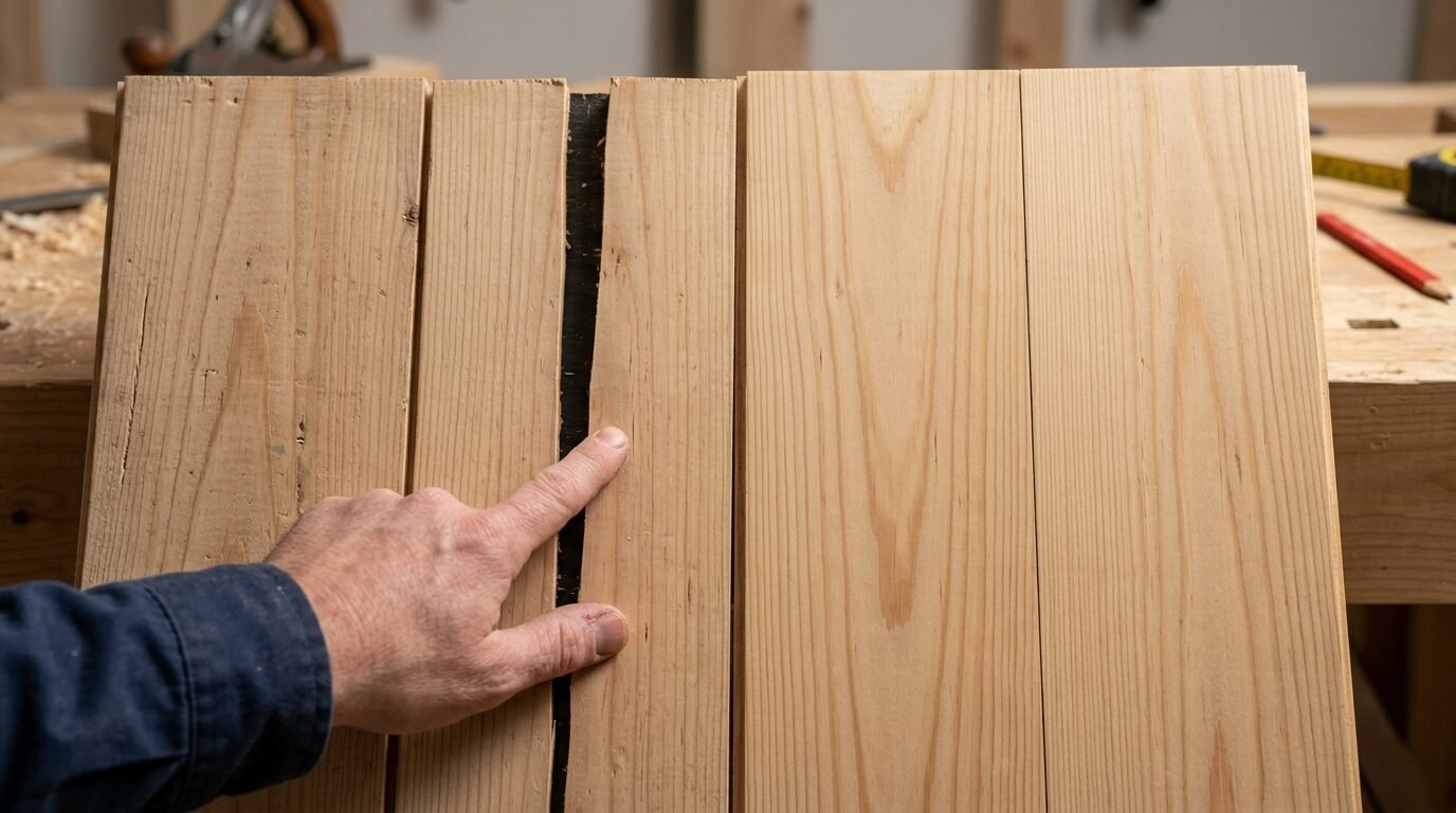 A hand pointing to a narrow dark gap between several light-colored pine or cedar wooden boards on a workbench.