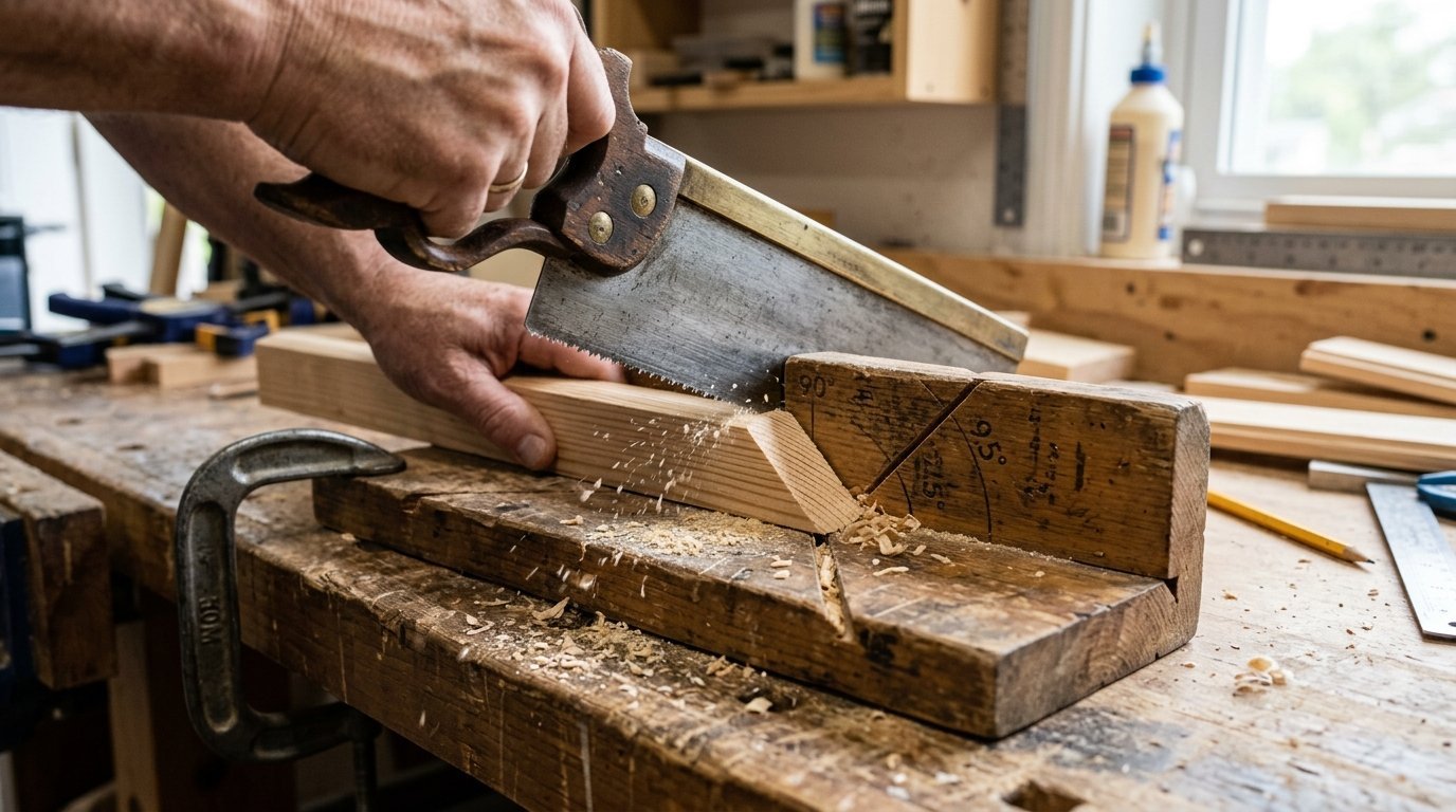 Close-up of hands using a backsaw and wooden miter box to cut a 45-degree angle on a piece of lumber.