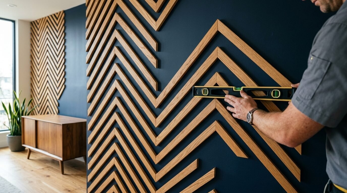 Man holding a yellow level against a blue wall with geometric oak chevron trim installation.