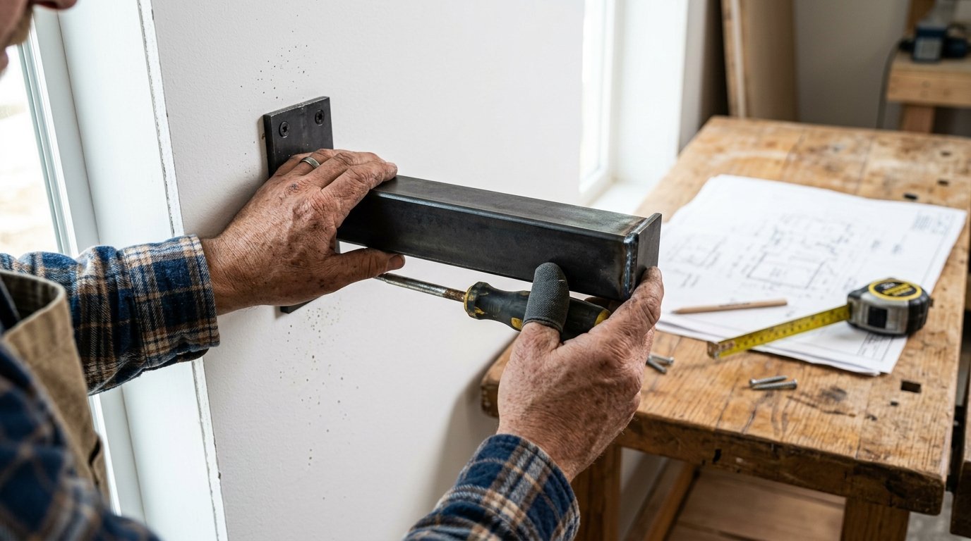 Close-up of a worker's hands fastening a black metal support onto a white wall with a screwdriver.