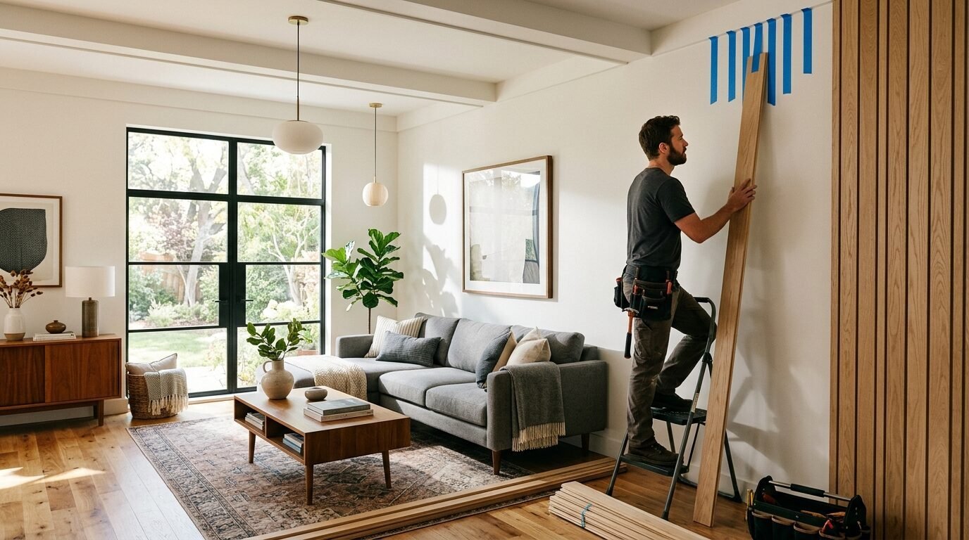 Worker in tool belt positioning a long wooden board against a wall marked with blue painter's tape in a living room.