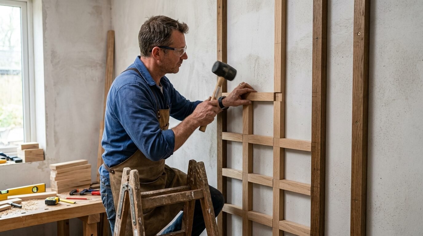 Woodworker in an apron stands on a ladder tapping a small wooden slat into place with a black rubber mallet.