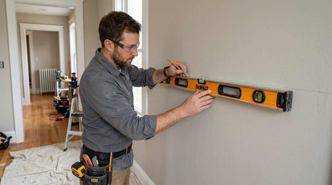 Man in safety glasses holding a yellow level against a grey wall while drawing a straight line with a pencil.