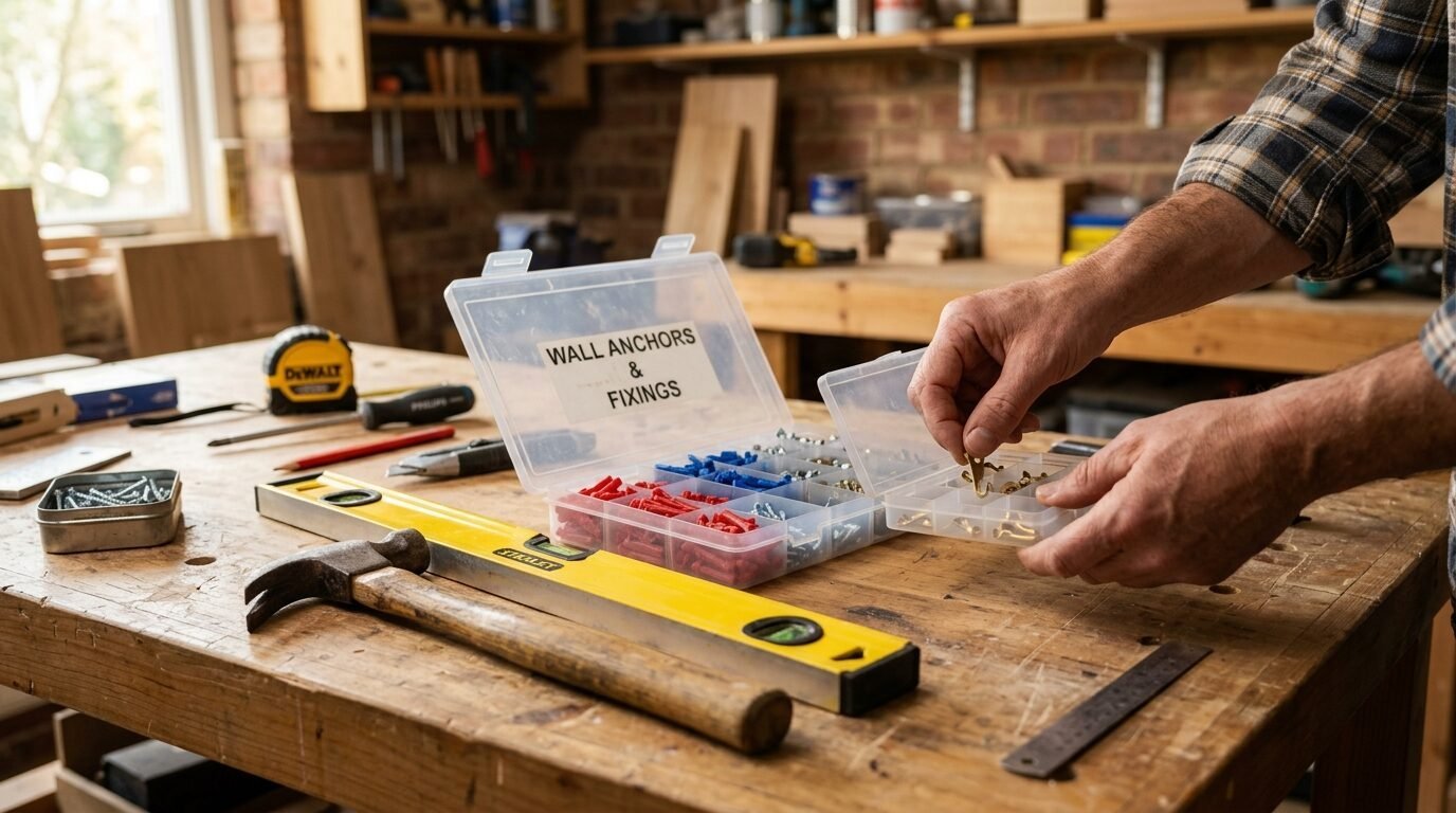 Close up of hands picking a brass hook from a divided container filled with red and blue wall plugs.
