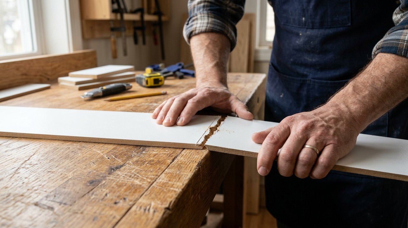 Close up of a person's hands holding a snapped white particle board plank on a rustic wooden table.