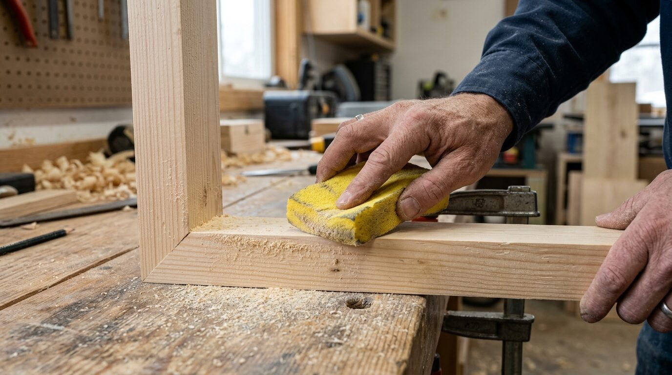 Close-up of a person's hands smoothing a wooden frame corner with a yellow sanding block.