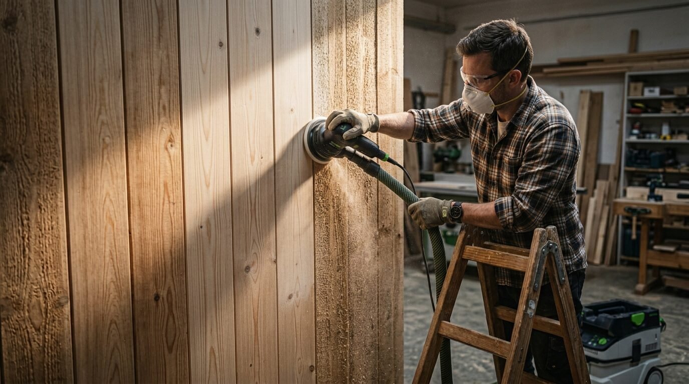 A man wearing safety gear uses a power sander with a vacuum attachment to smooth a vertical plank wall.