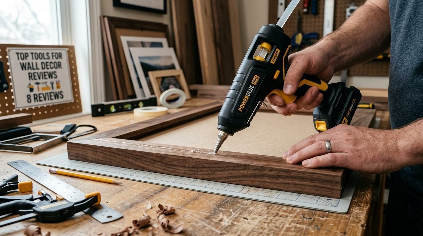Close up of hands using a cordless glue gun to apply hot glue to a piece of walnut wood on a workbench.