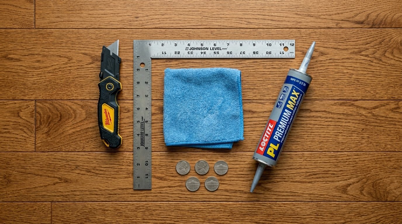 Top-down view of a square ruler, Milwaukee blade, Loctite tube, blue cloth, and coins on a hardwood surface.