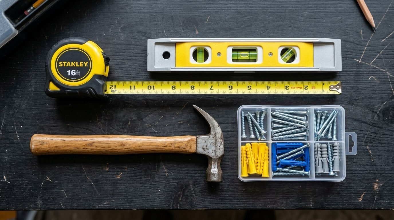 Top-down view of a tape measure, spirit level, hammer, and a hardware kit with screws and plastic anchors.