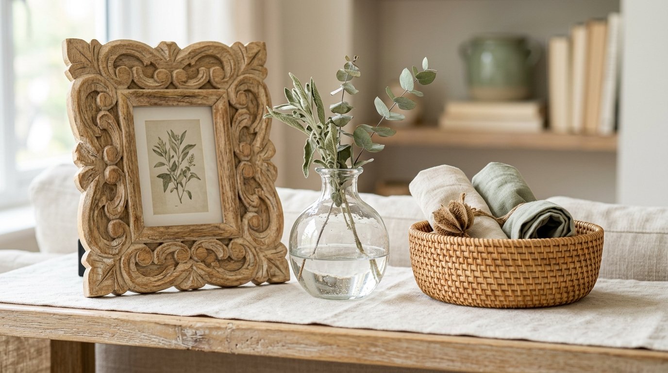A decorative carved wooden frame, glass vase with eucalyptus, and a small woven basket holding folded napkins.