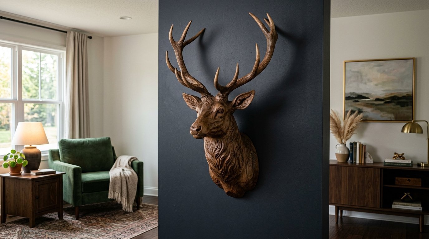 Detailed wooden stag bust displayed as wall decor in a modern living room setting.