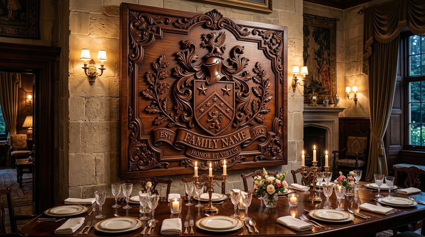 A detailed wood carving of a coat of arms mounted on a stone wall above a prepared dining table with candelabras.
