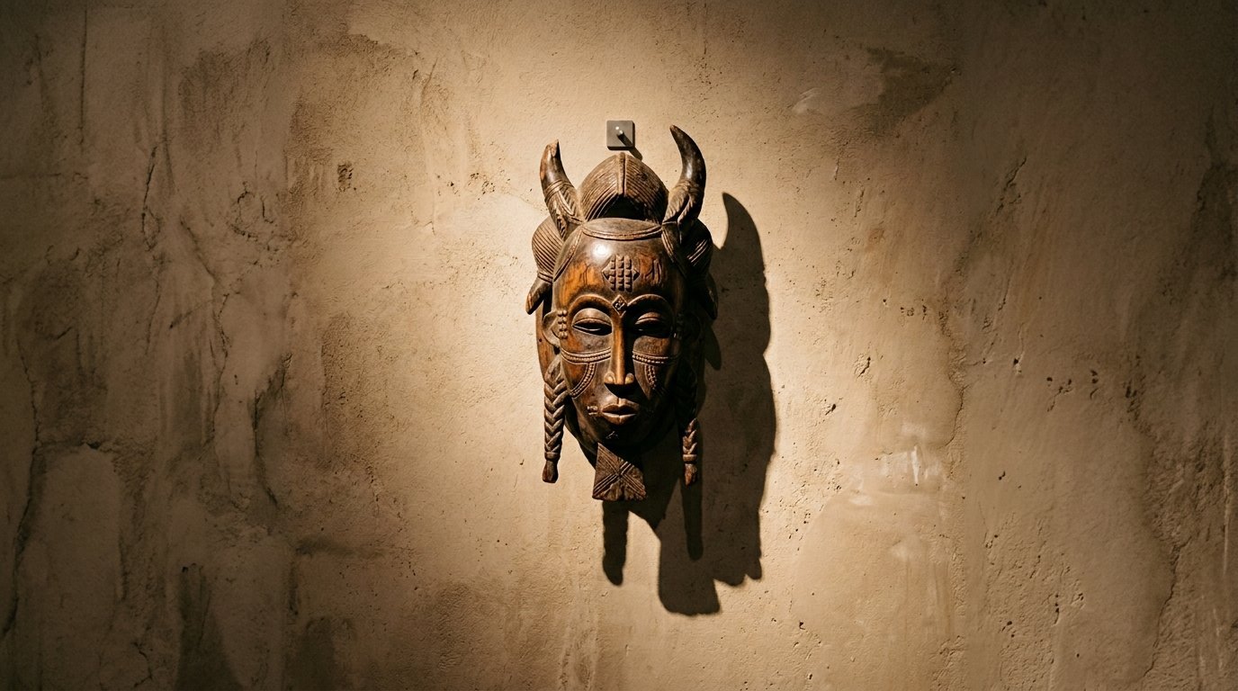 A dark, hand-carved wooden mask with curved horns hanging on a rough, beige plastered wall.