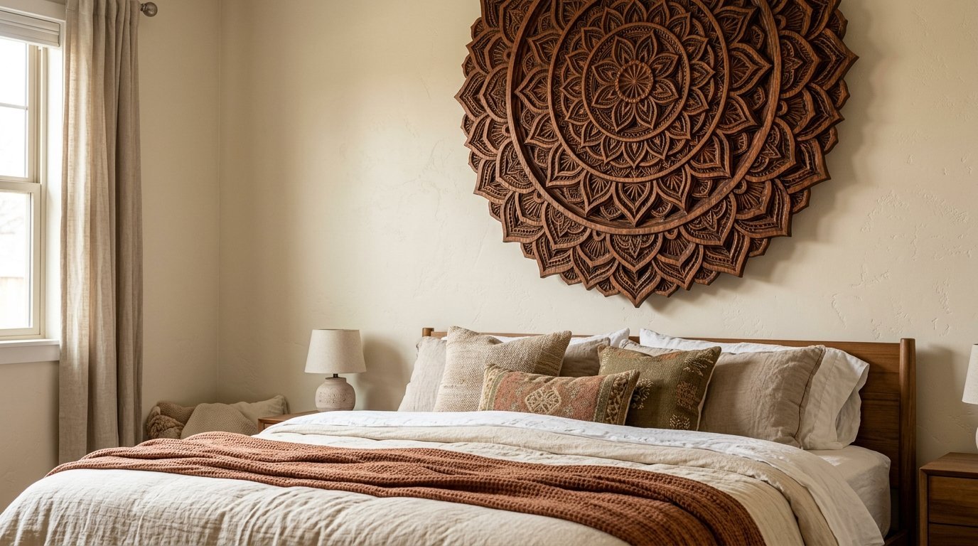 A round laser-cut wooden mandala artwork mounted above a neutral-toned bed with terracotta bedding.