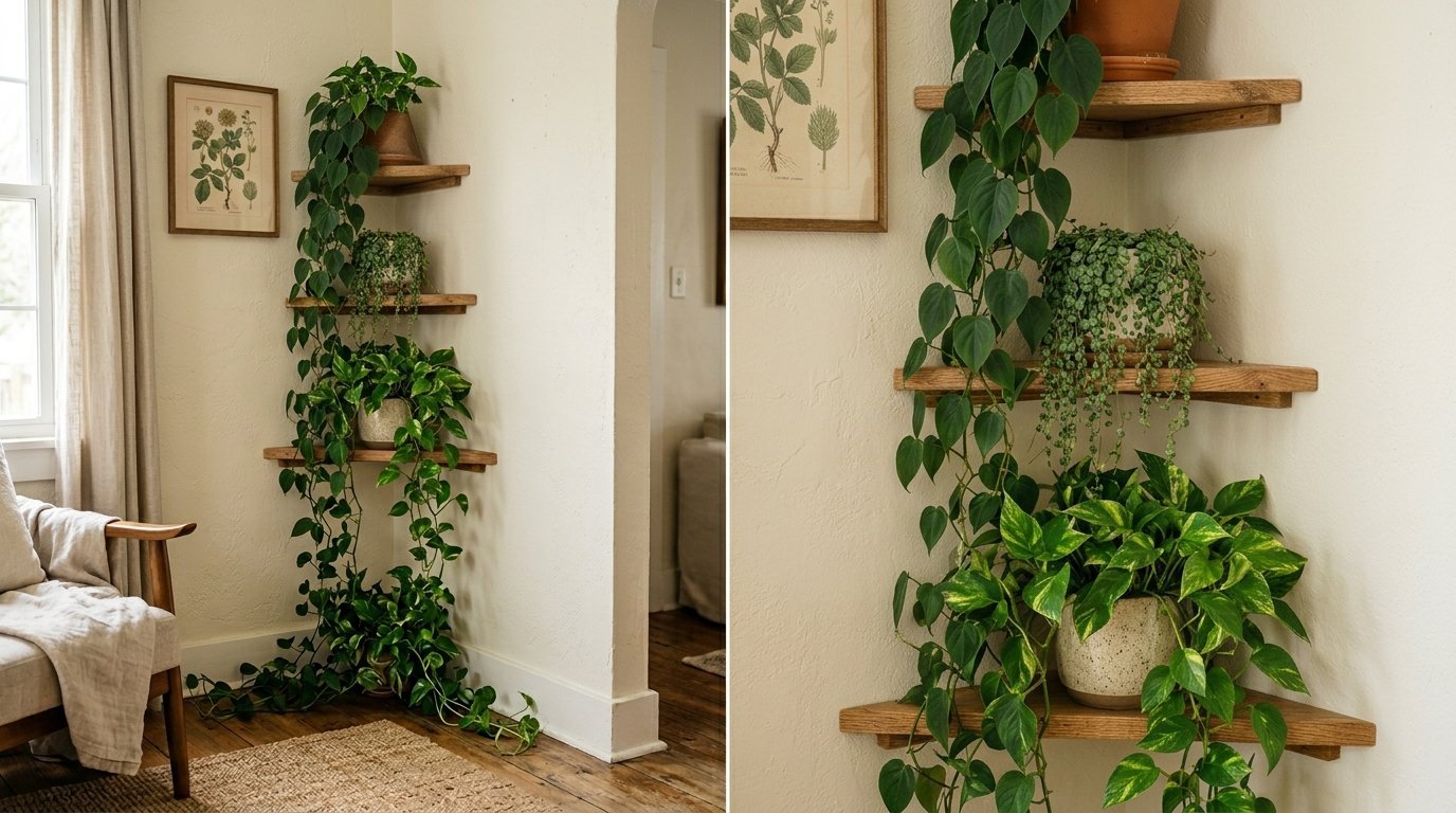 Three stacked wooden corner shelves displaying trailing pothos and string of turtles plants in ceramic pots.