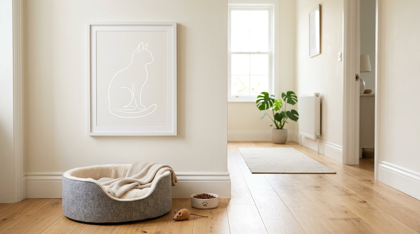 A grey felt pet bed with a beige blanket sits on a wood floor below a framed white line drawing of a cat.