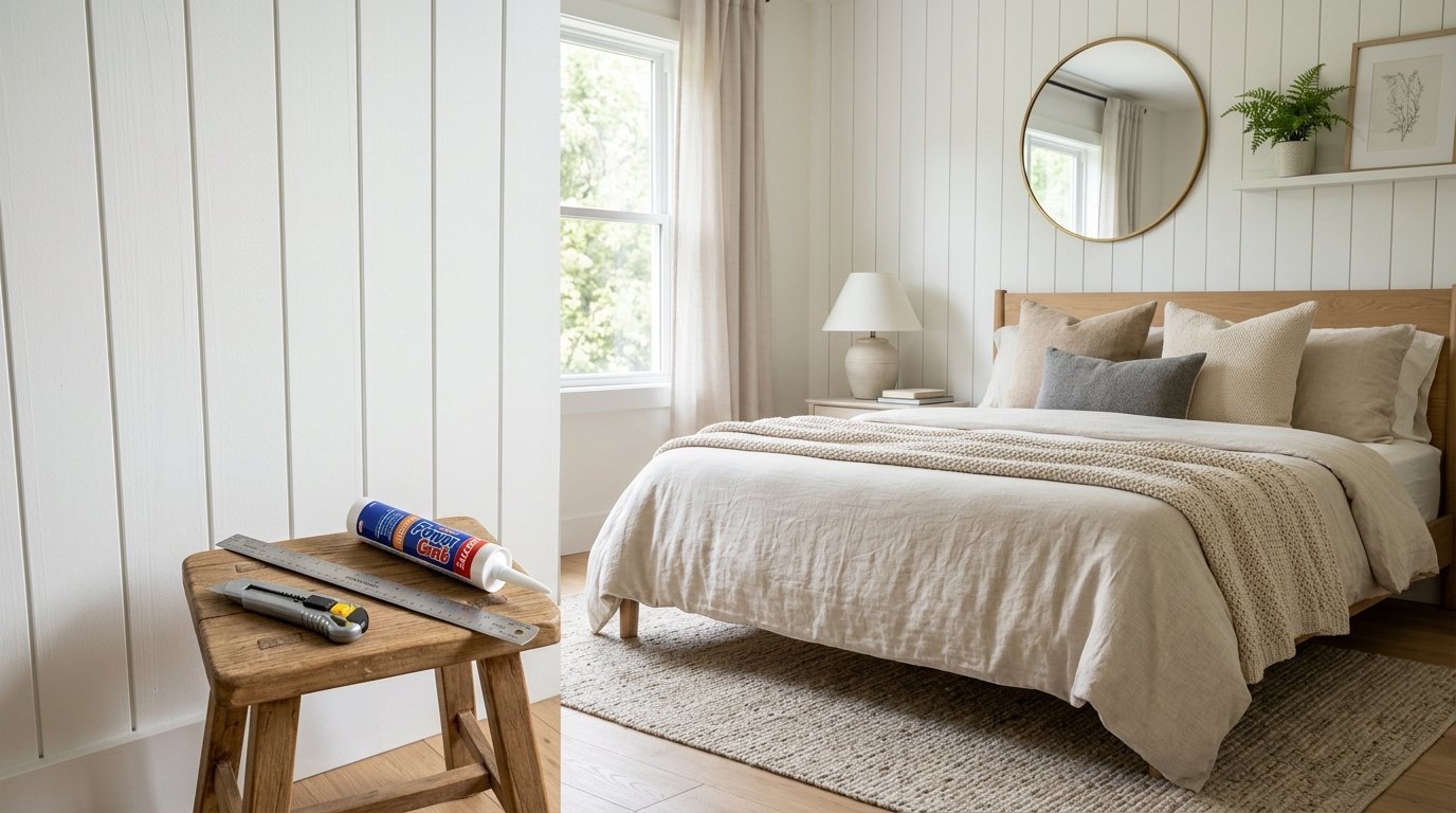 A metal ruler, utility knife, and tube of caulk placed on a small wooden stool inside a bright, modern bedroom.