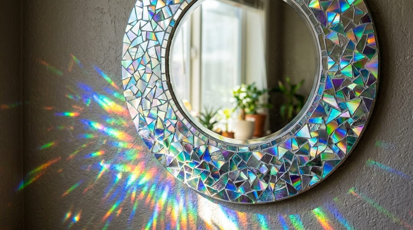Close up of a round mirror framed by broken pieces of CDs casting vibrant rainbow light flares onto a grey wall.