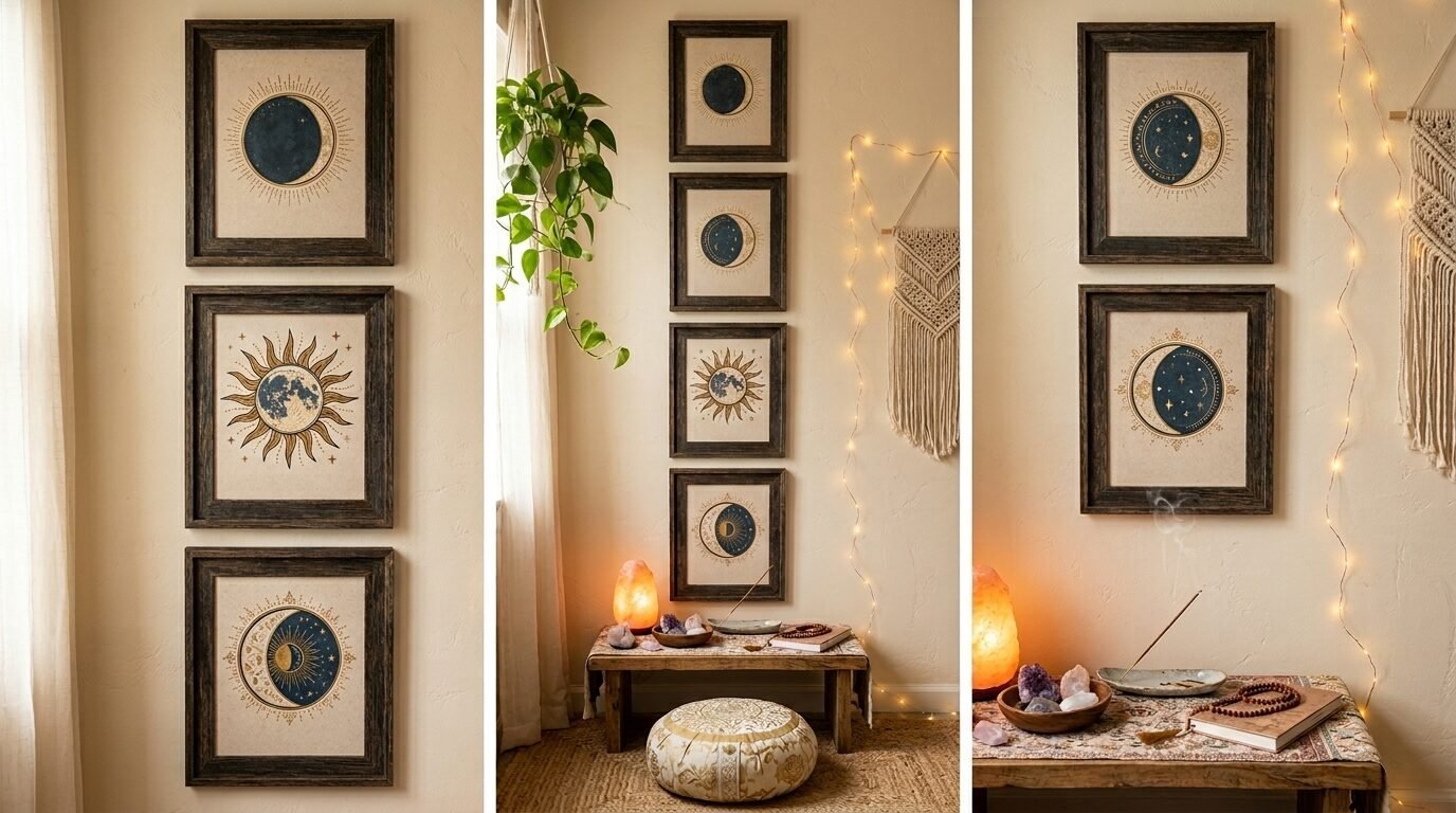 A collage showing sun and moon wall art, hanging plants, and a meditation table with crystals and incense.