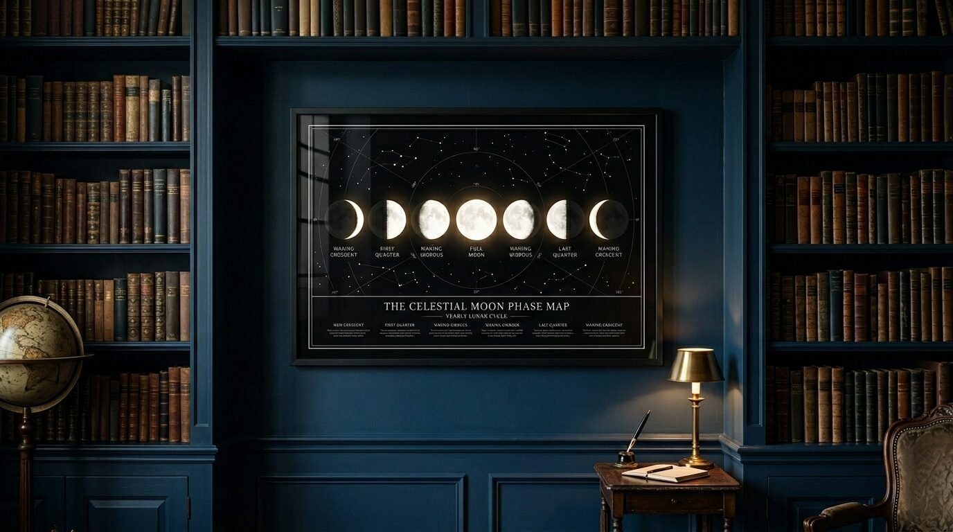 A framed educational moon phase poster hangs above a desk in a blue-walled library filled with antique books.