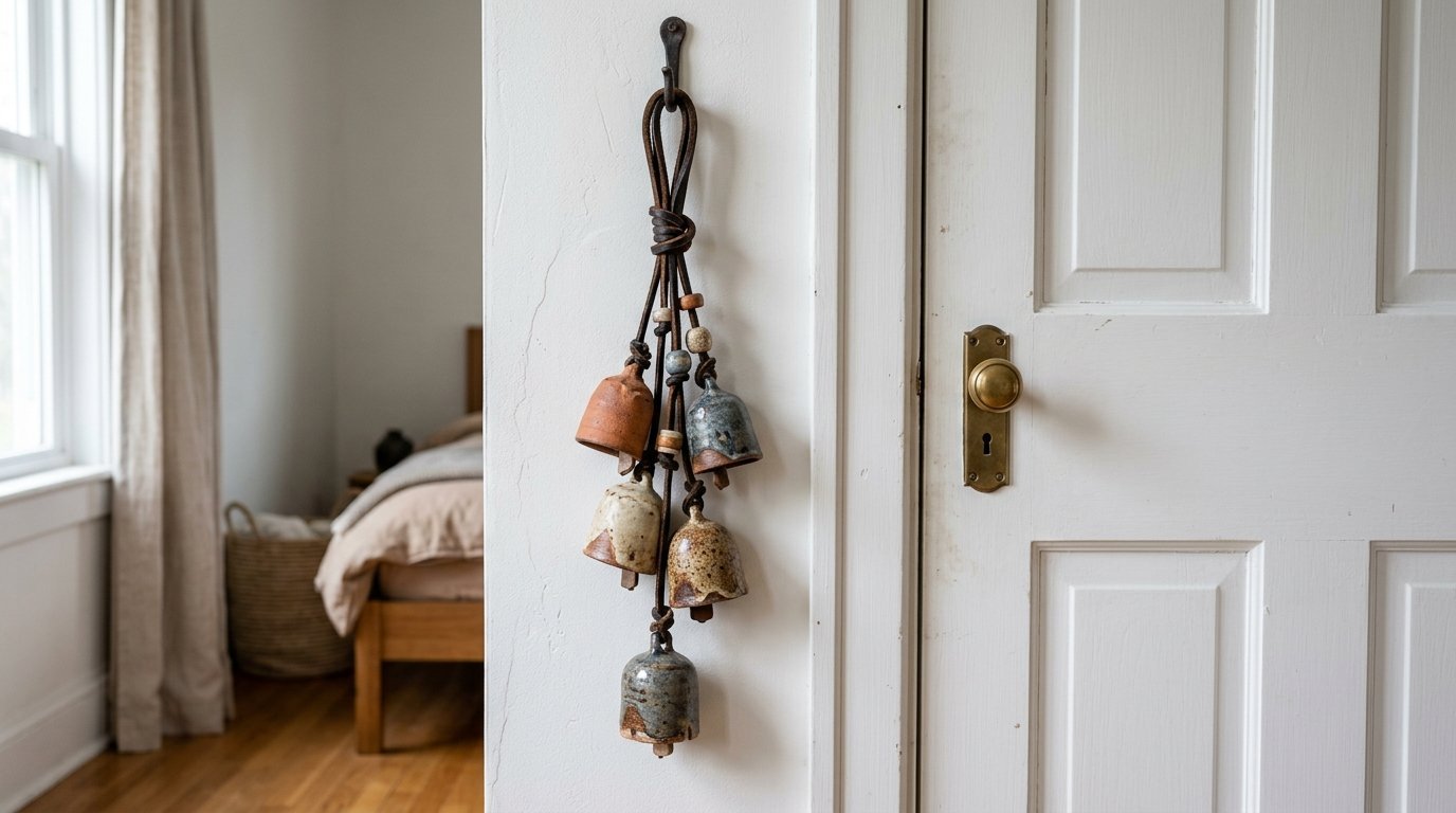 Decorative pottery bells suspended by leather cords against a white door frame.