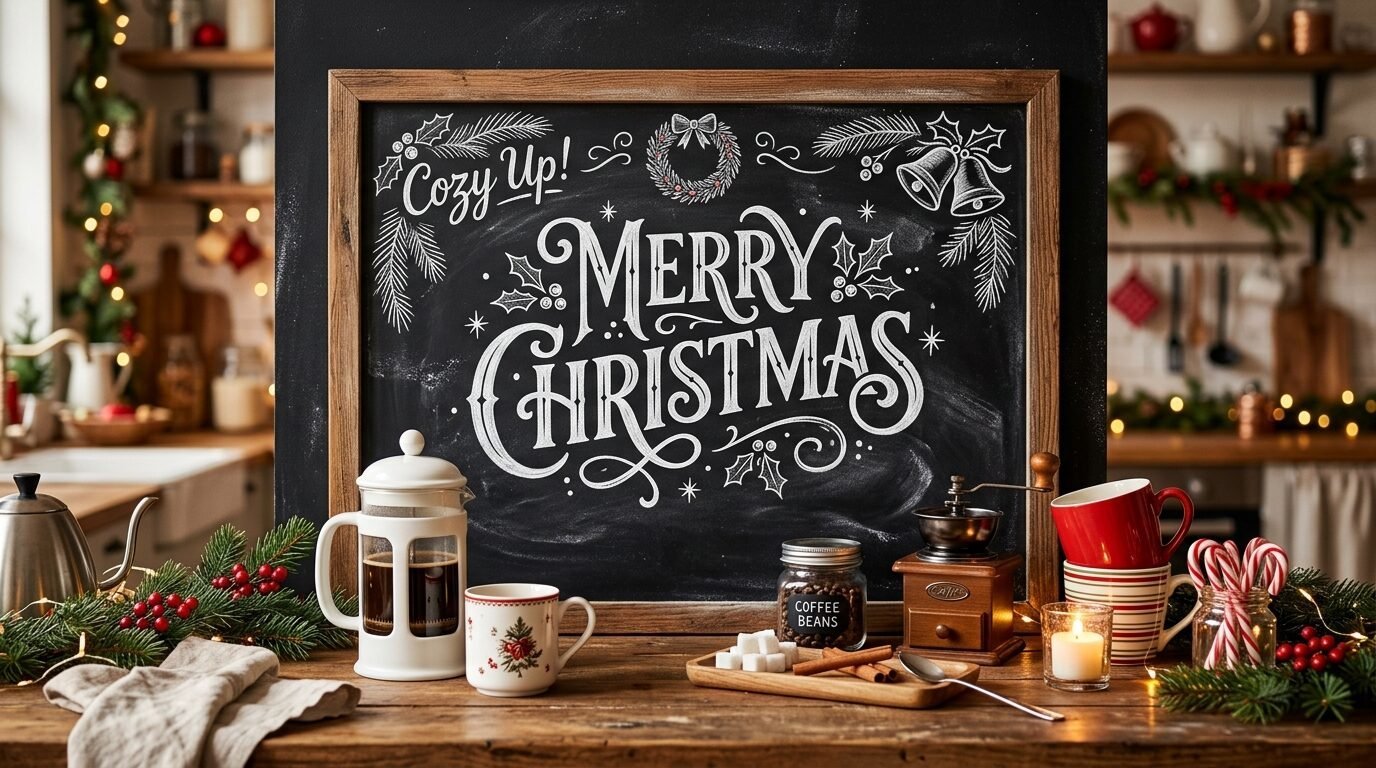 A wooden chalkboard with Merry Christmas written in white ink, placed on a kitchen counter with coffee and decor.