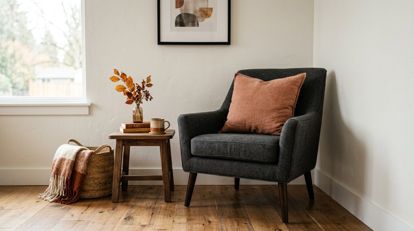 Dark grey fabric accent chair with a terracotta pillow near a wooden side table and woven floor basket.