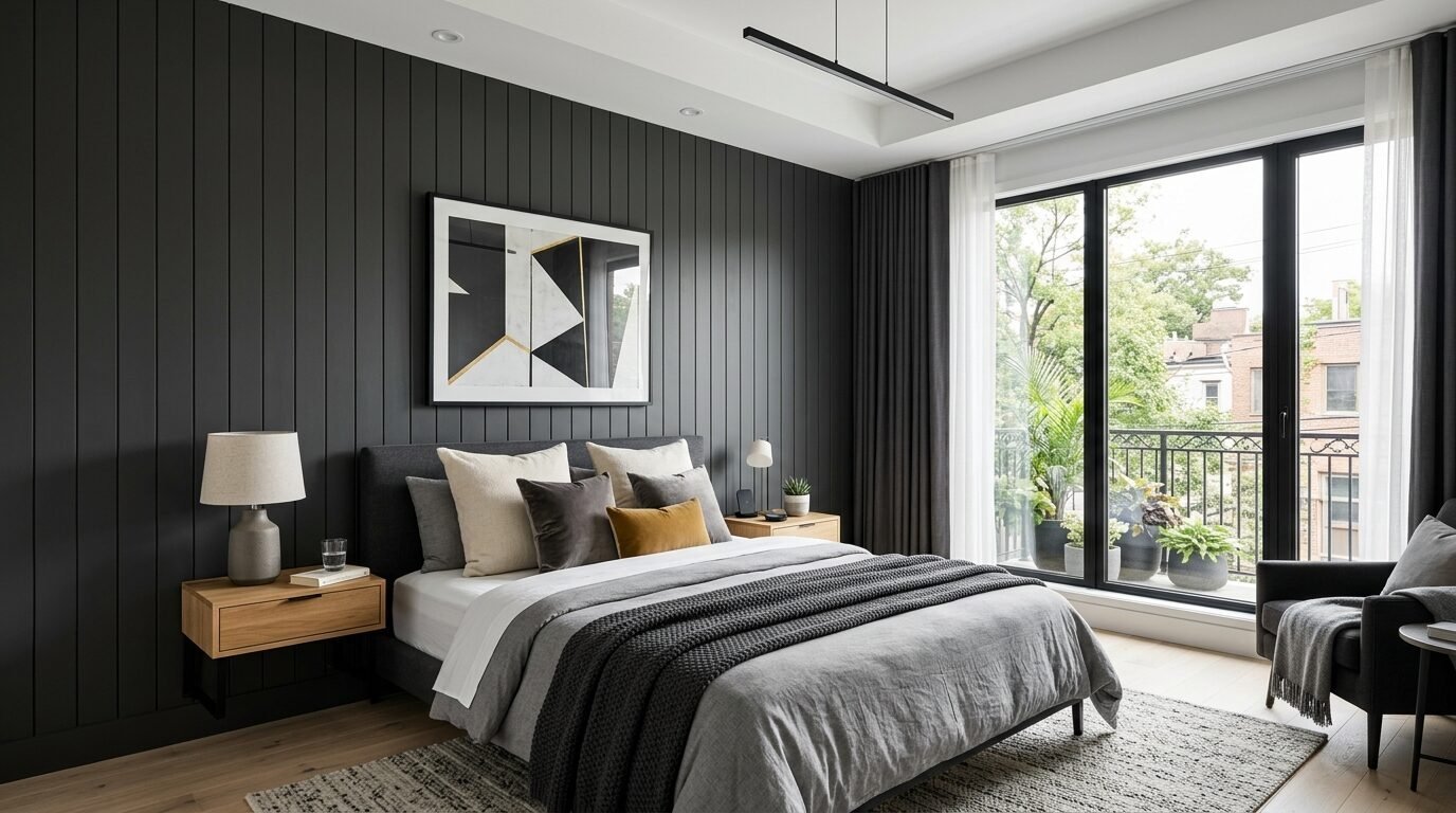 A contemporary bedroom featuring dark gray wood panels, a gray upholstered bed, and floor-to-ceiling windows.