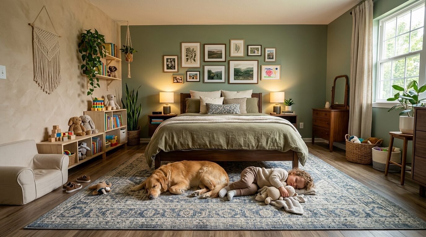 A small child and a golden retriever dog sleeping side by side on a large blue patterned rug in a cozy green bedroom.