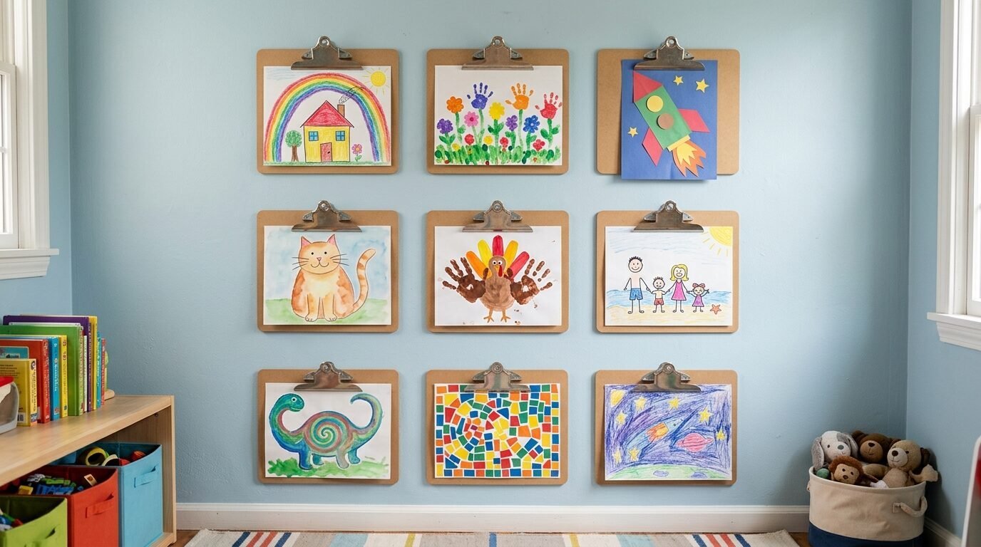 Nine frames on clipboards showcasing kid-made art including a rocket, a turkey handprint, and a rainbow house.