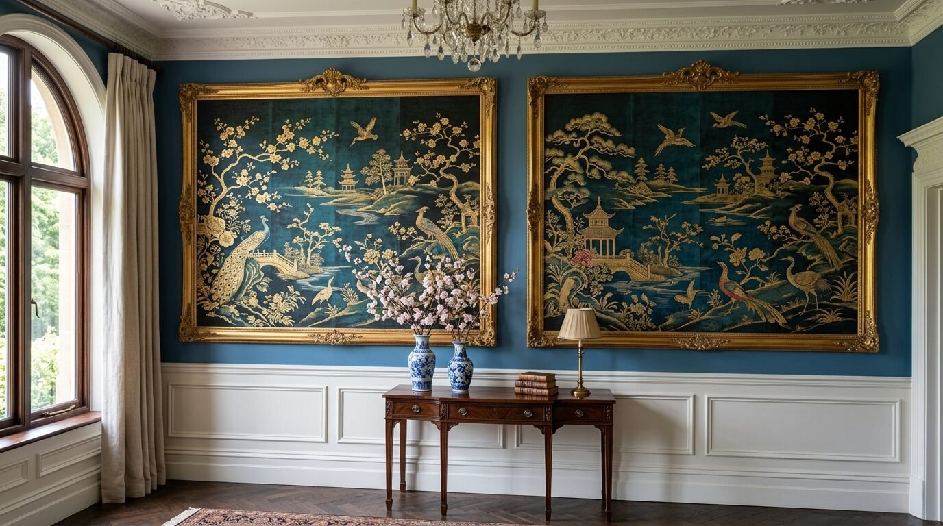 Large blue and gold oriental landscapes in heavy gilded frames mounted on a blue wainscoted wall above a mahogany table.