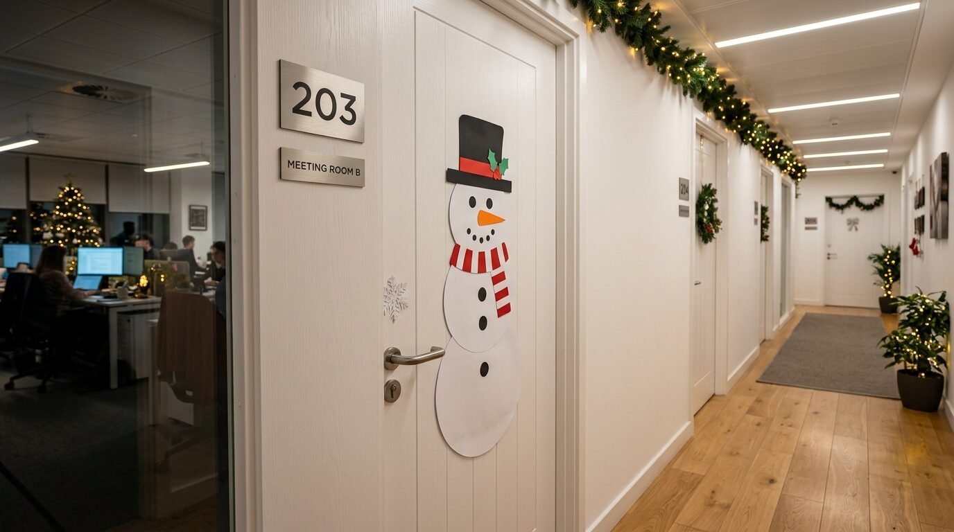 A white office door labeled 203 featuring a snowman cutout decoration in a hallway with string lights.
